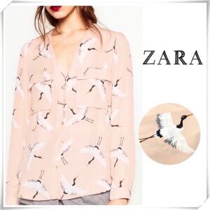 ZARA Crane Bird Print Crape Torch Button up Blouse in Dusty Pink Size XS
